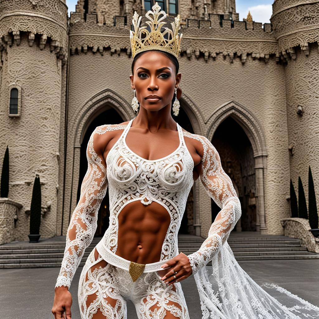Powerful Woman Bodybuilder in Elegant Lace Outfit