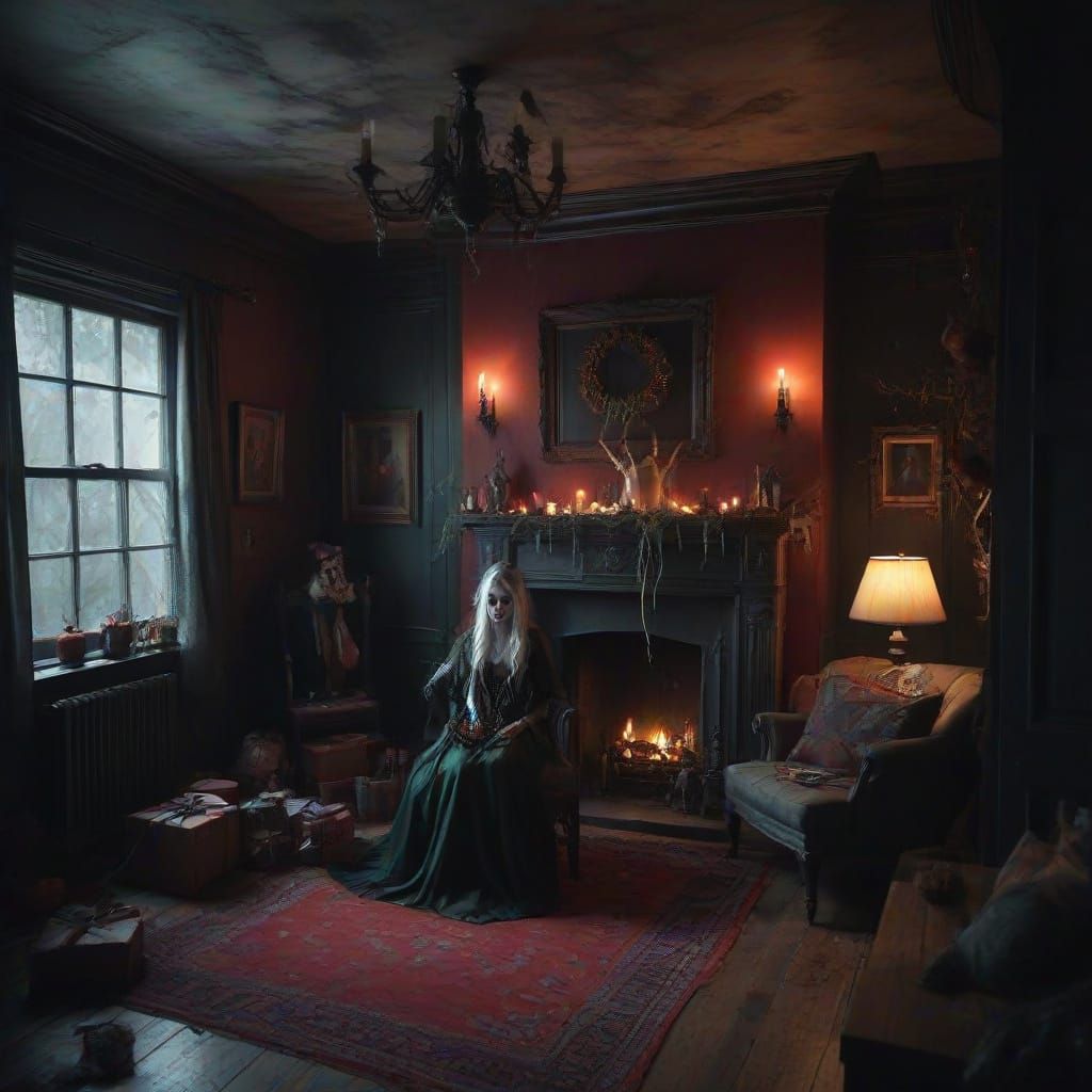 Macabre Christmas Living Room with Floating Horror Presents