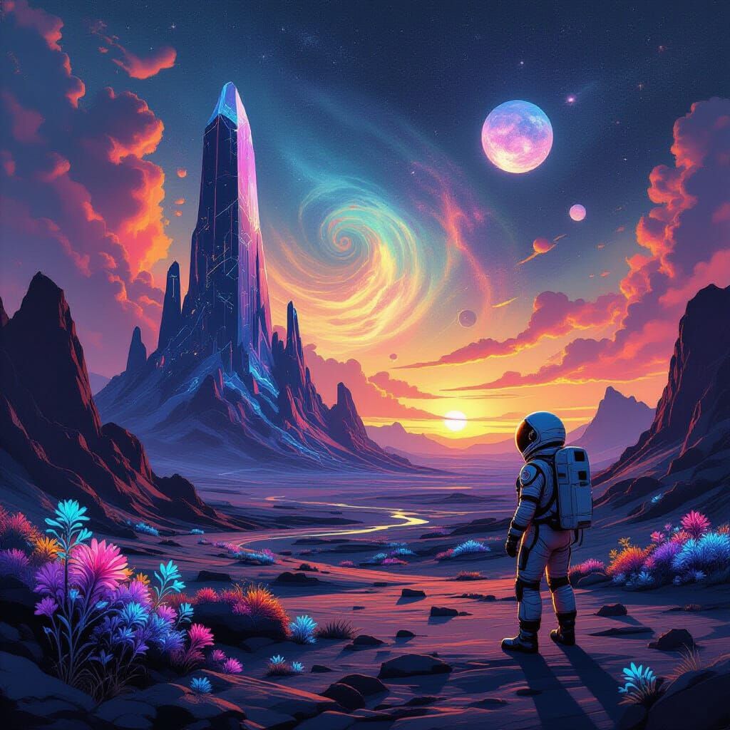 Astronaut Gazes at Crystal Structure on Alien Planet