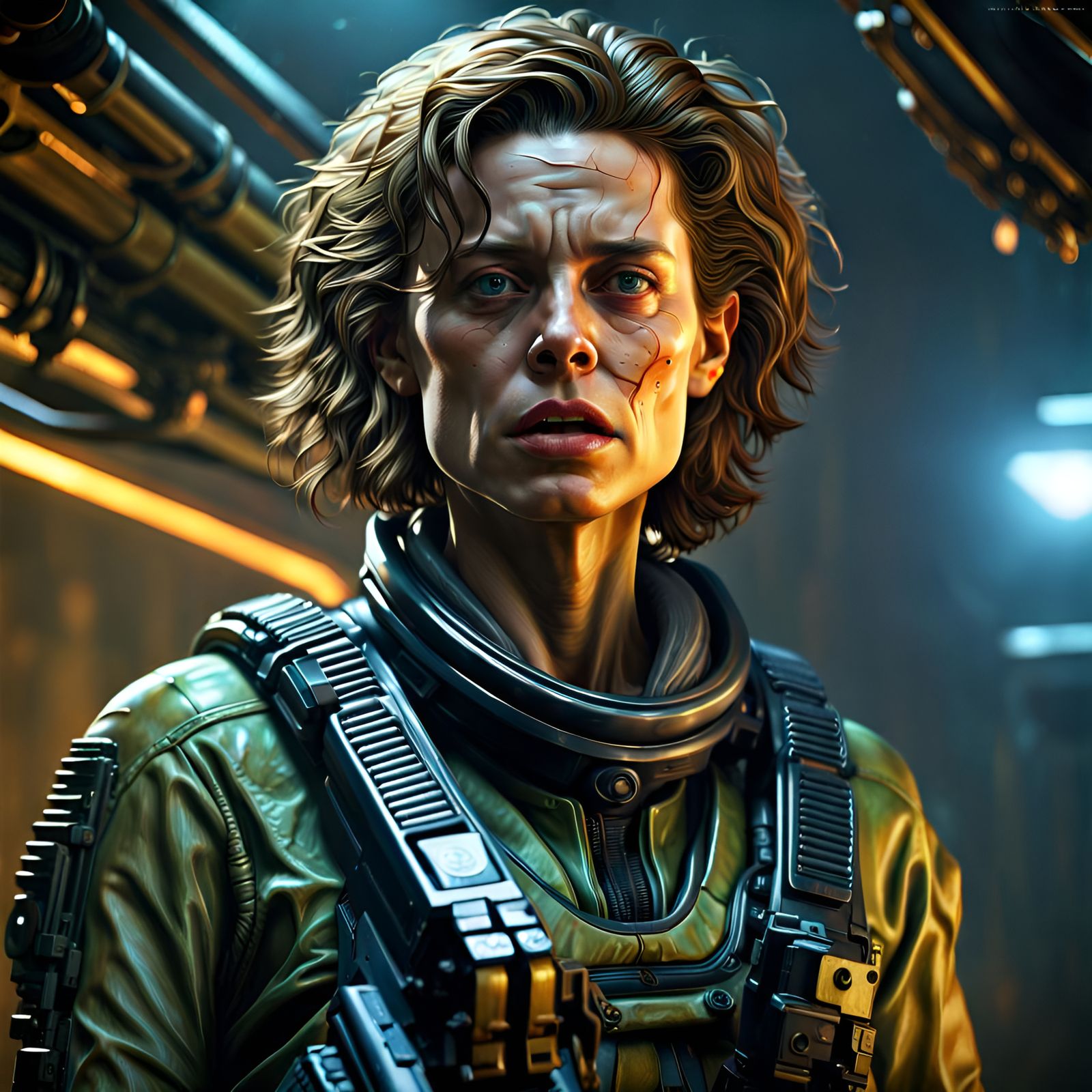 Hyperrealistic Ellen Ripley Portrait as Splash Art