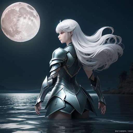 Armored Warrior Gazing at Moon in Anime Style