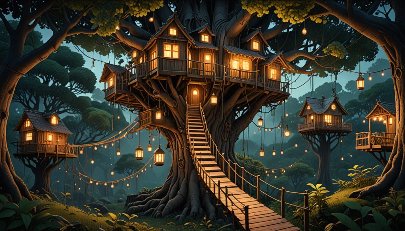 Whimsical Treehouse Village in Hyper-Realistic Digital Art