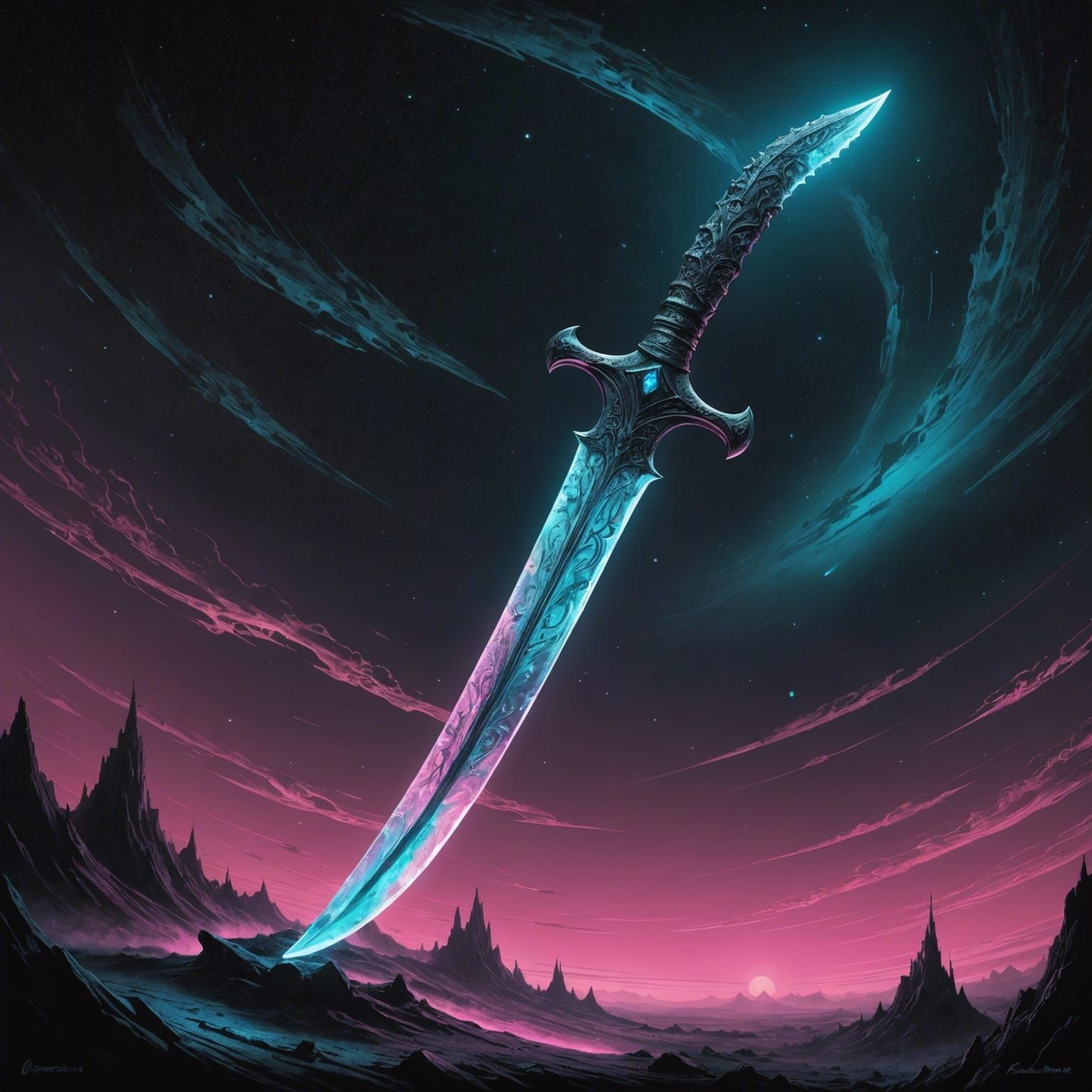 Magical Glass Scimitar in Cosmic Void: Charcoal Art