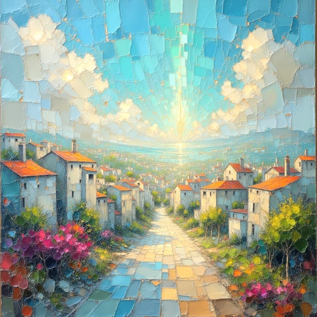 Illuminated Cityscape in Impasto Oil Painting Style