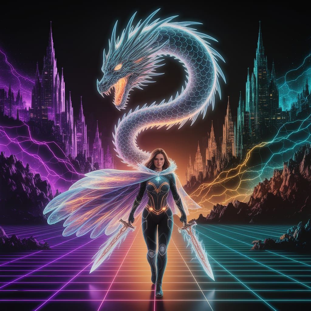 Cyberpunk Heroine in a Luminous Landscape