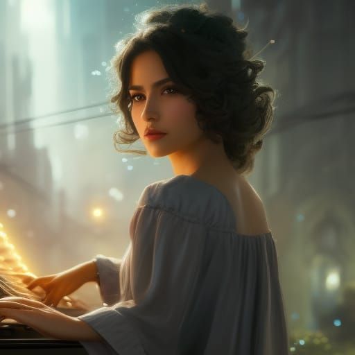 Teen Pianist in Art Nouveau Style