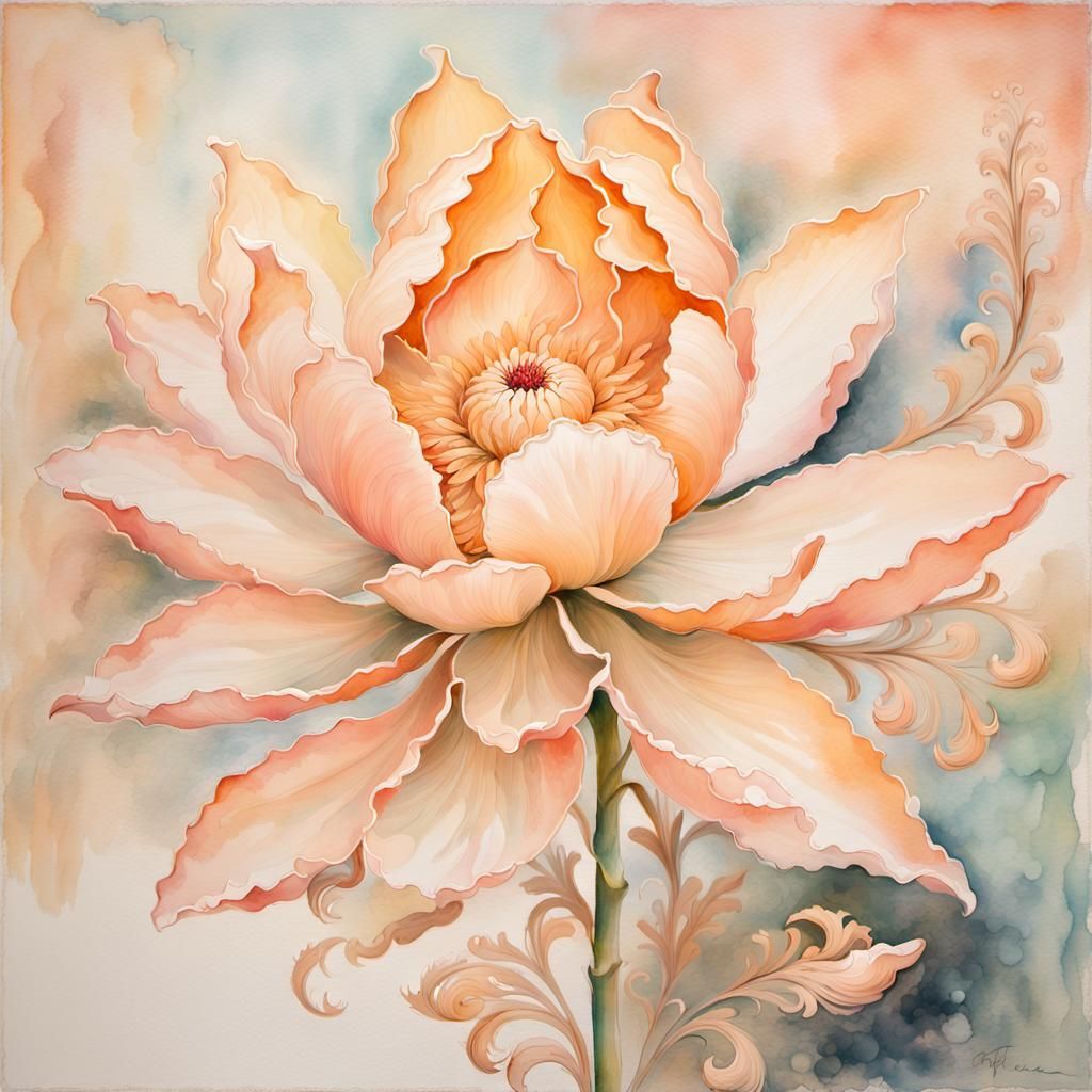 Gilded Peach Flower Watercolor with Filigree