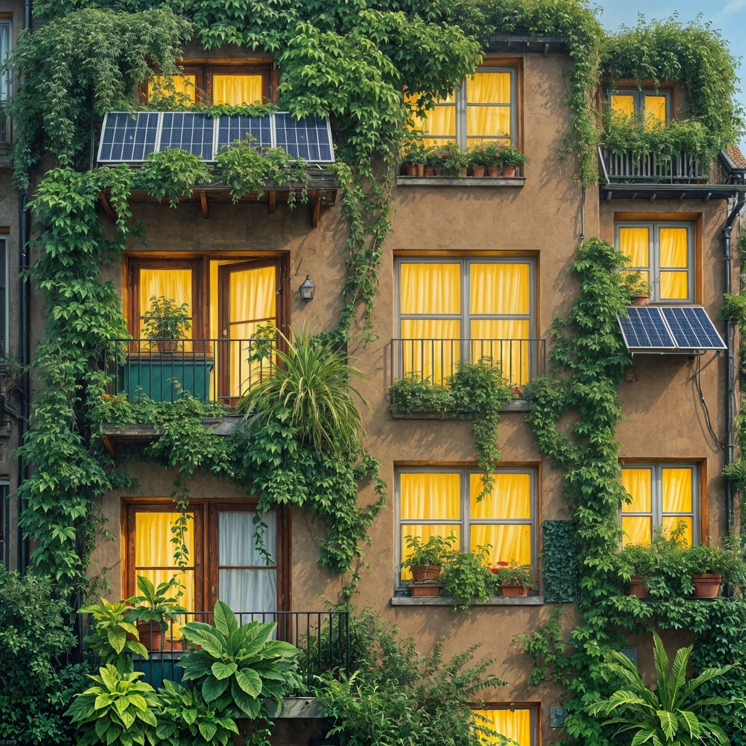 des  immeubles d'habitation recouverts de végétation  et de ...