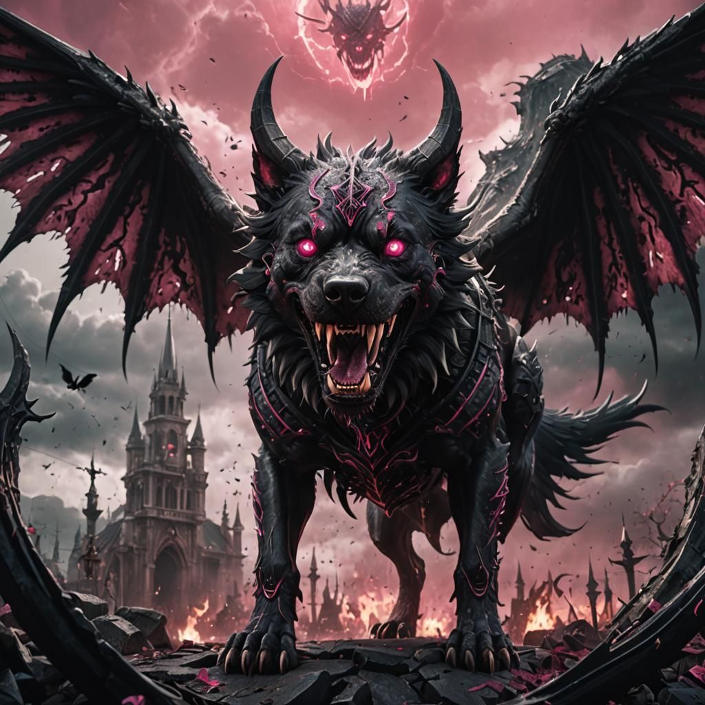 Demonic Evil Dog with Wings and Horns