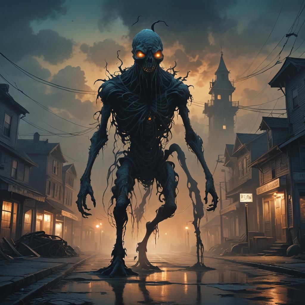Spectral Creature in Abandoned Town: Dark Fantasy Art