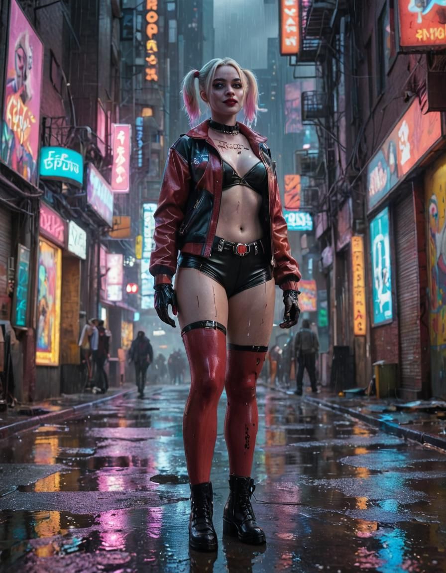 Harley Quinn in a Neon Cyberpunk Cityscape