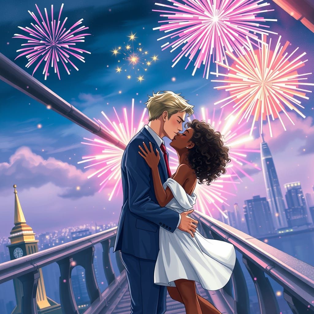 Romantic Anime Kiss Under Fireworks in Dramatic Style