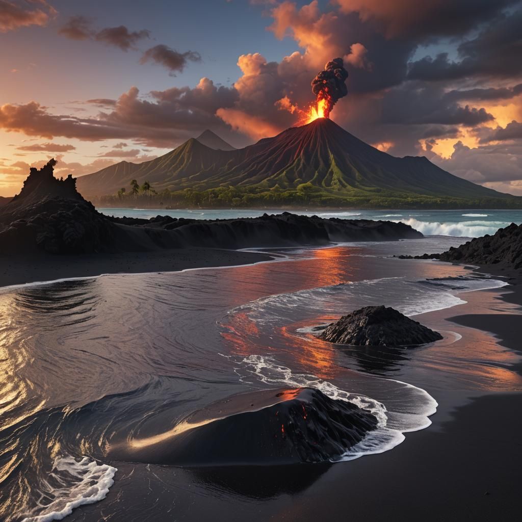 Sunset Over Black Sand Beach in Hawaii