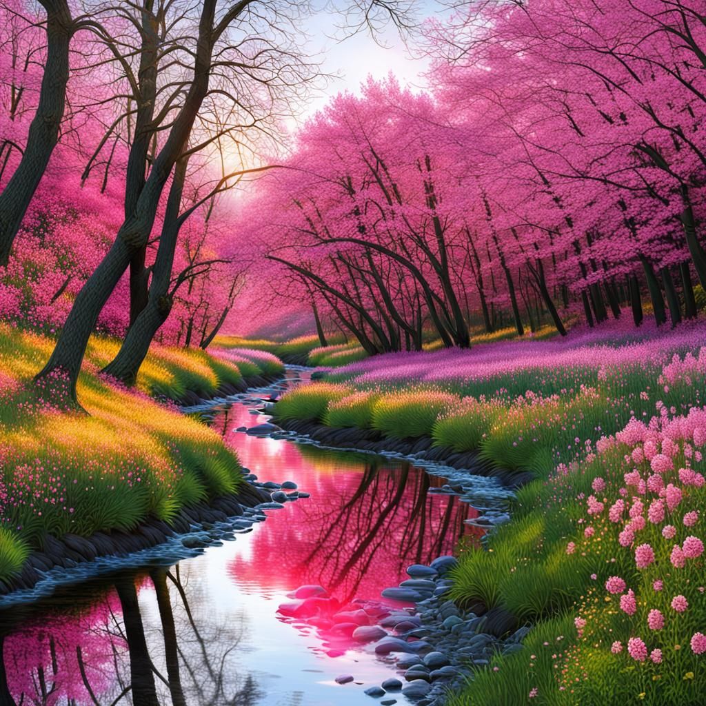 Pink Flower Field with Pink Sun Reflection
