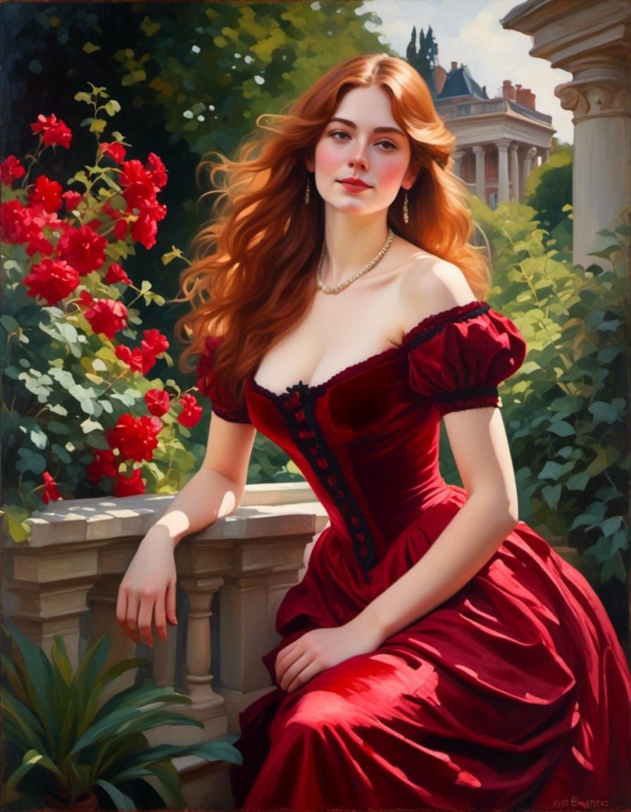 Victorian Woman in Red Velvet Dress Portrait