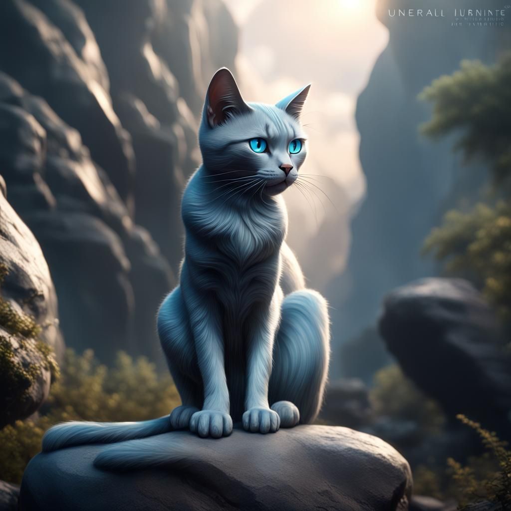 Sleek Blue-Grey Cat with Blue Eyes on Rock