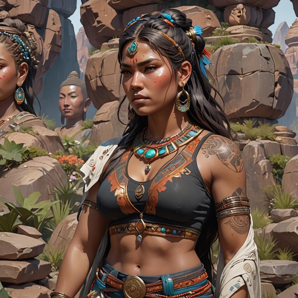 Native American Woman in Buddhist Rock Garden