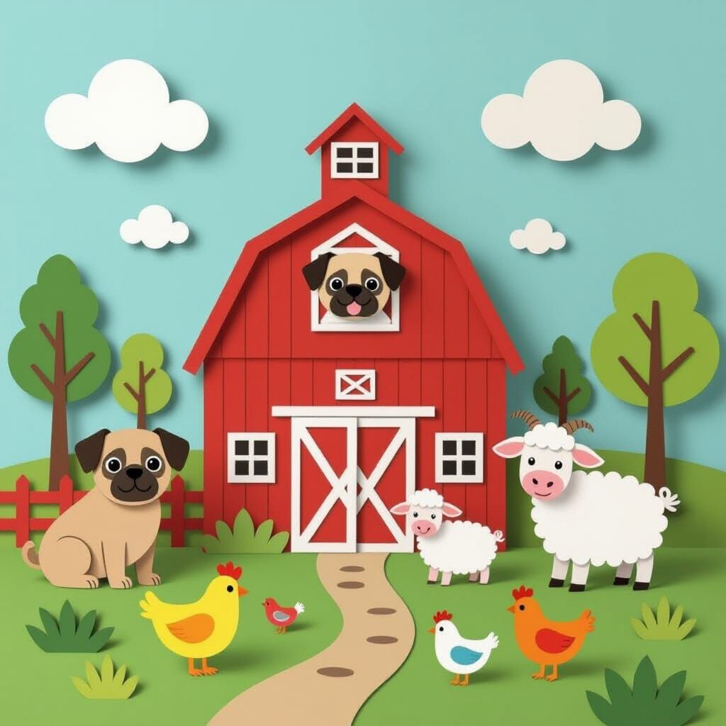 Paper Farm Scene in Collage Illustration Style