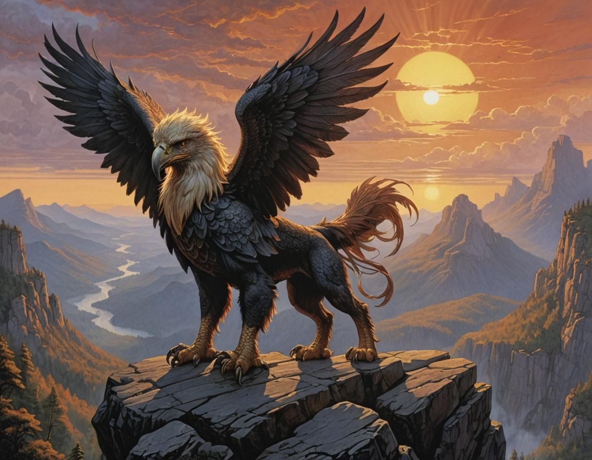 Majestic Griffon Overlooks Forest at Sunset