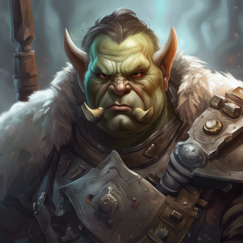 Ogre Mercenary Battles Angels in Tundra, Fantasy Art