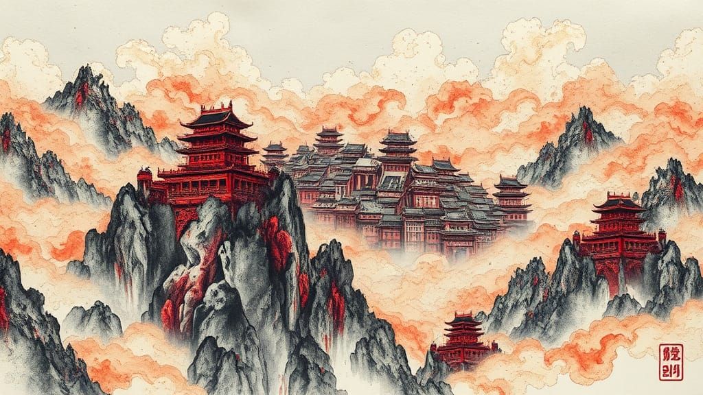 Steampunk Cloud City in Chinese Ink Splatter Art