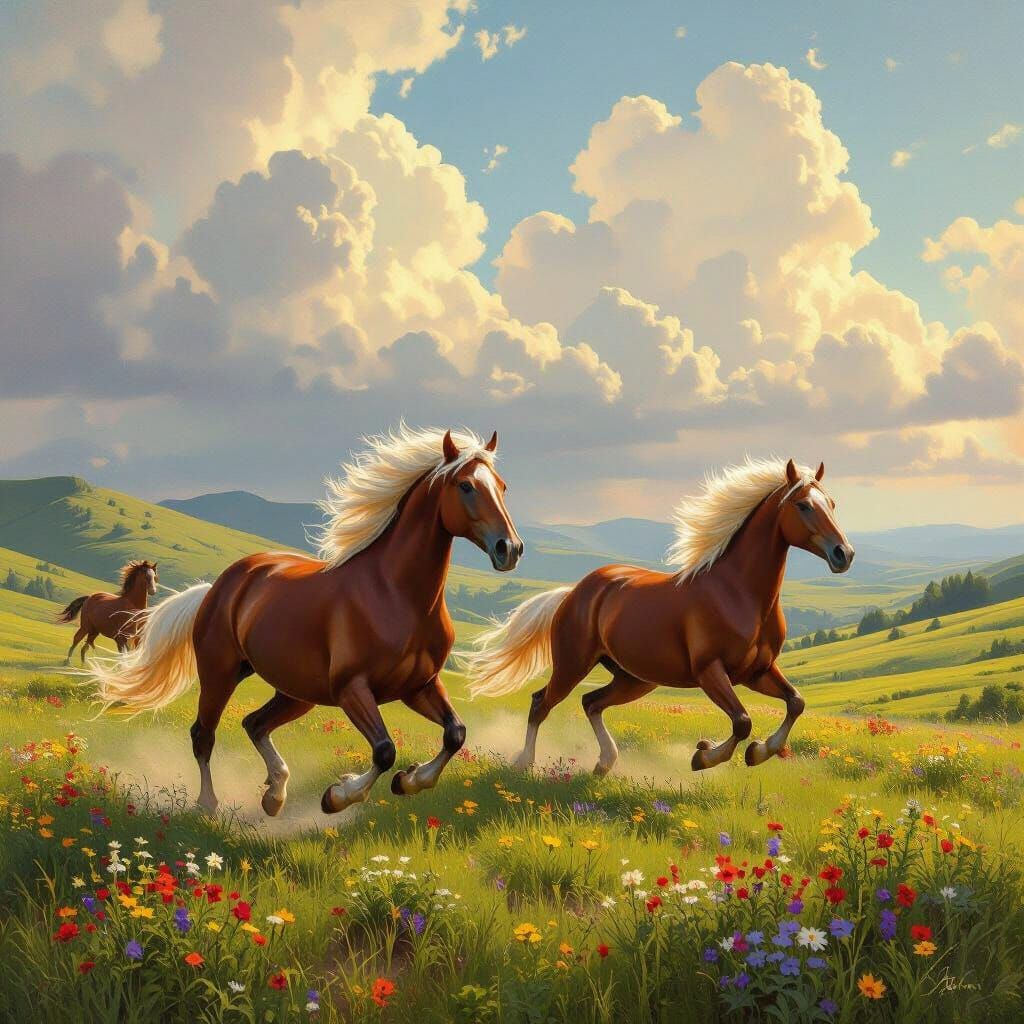 Majestic Stallions Galloping Through Wildflower Hills