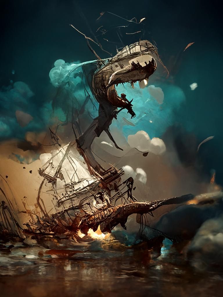 Ichthyosaur Attack on Whaling Ship, Vector Illustration