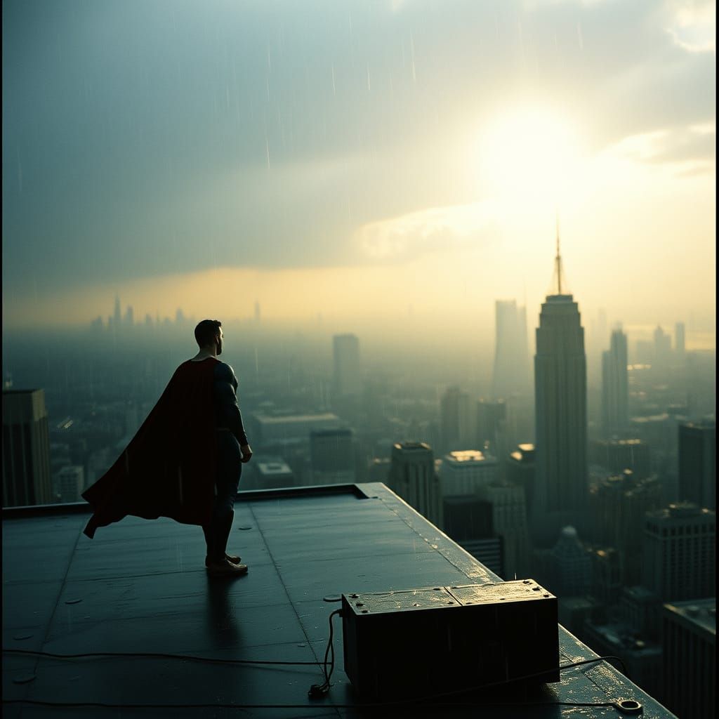 Gritty Superman Rooftop Scene in 35mm Film Style