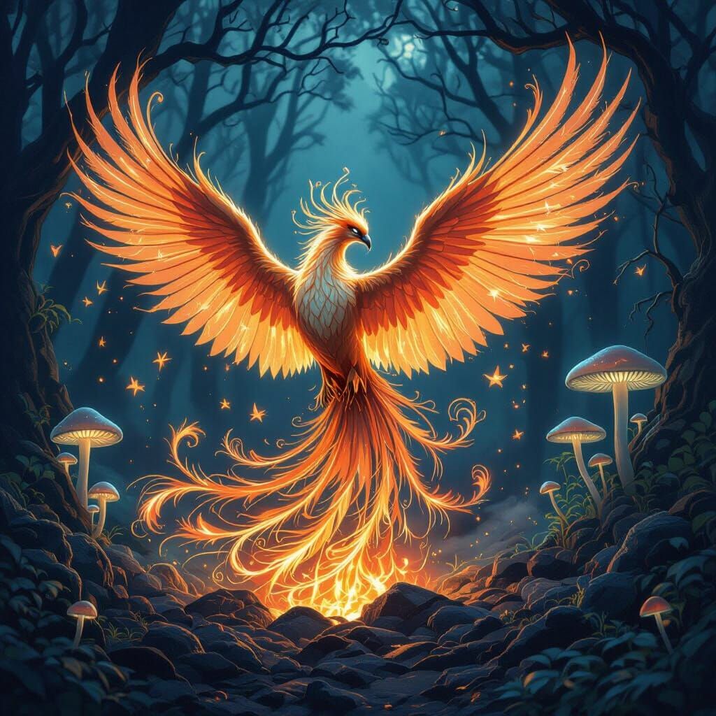 Regal Phoenix Reborn in Ethereal Forest