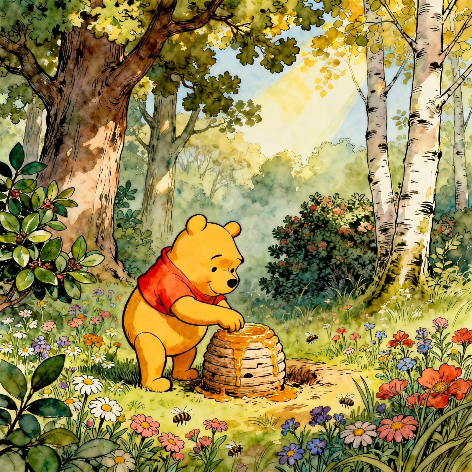 Winnie the Pooh Watercolor Forest Scene