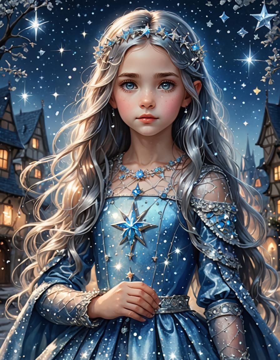 Fantasy Girl with Long Blue Hair and Glittering Stars