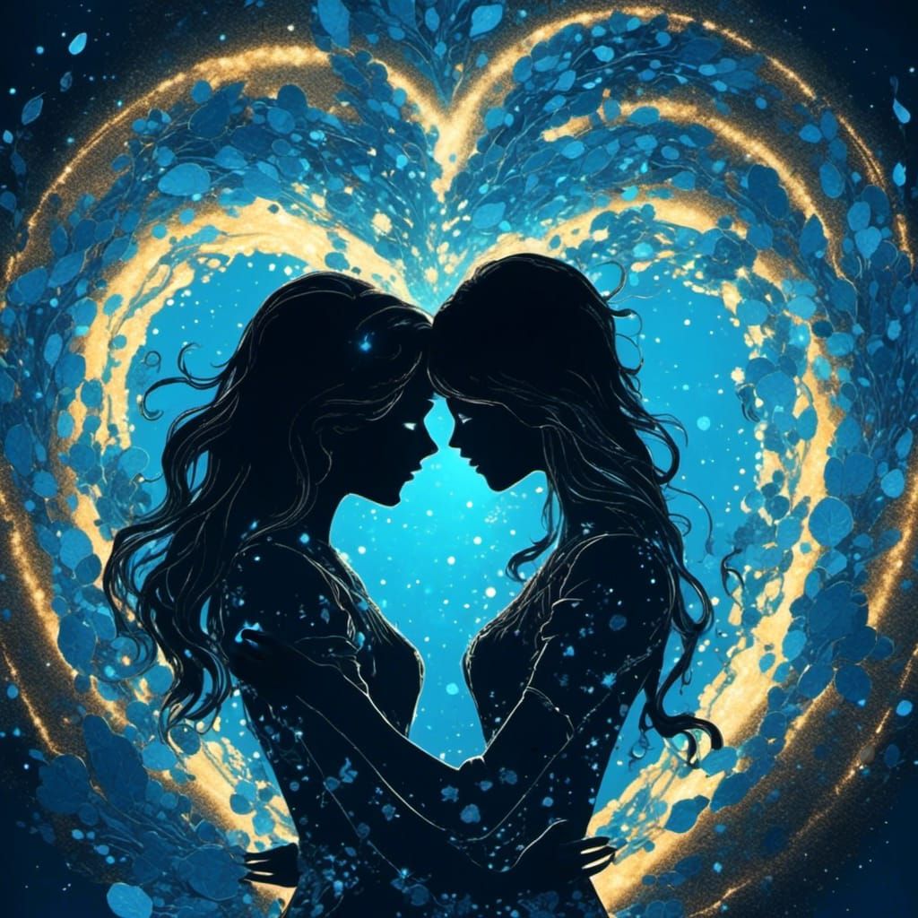 Glowing Heart: Silhouette of Women Embracing