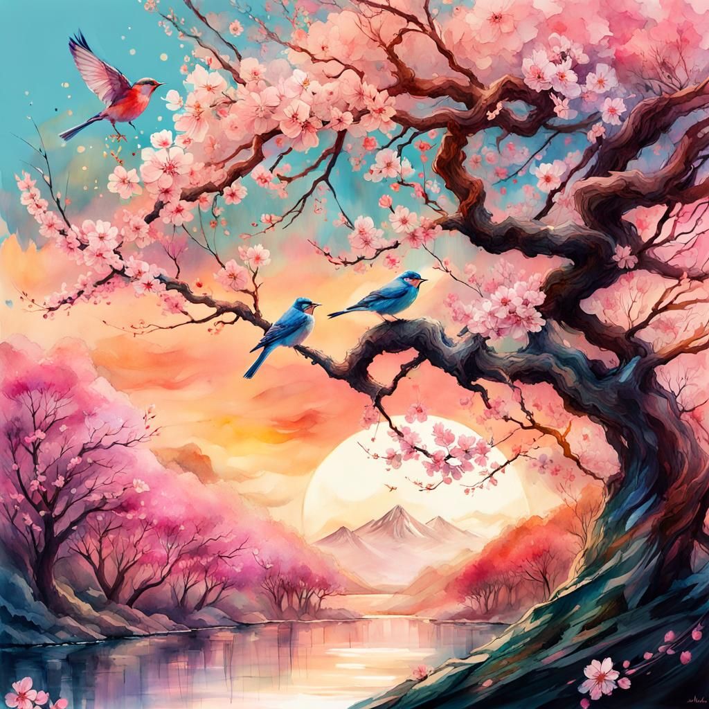 Birds in Cherry Blossom Tree: Watercolor Illustration