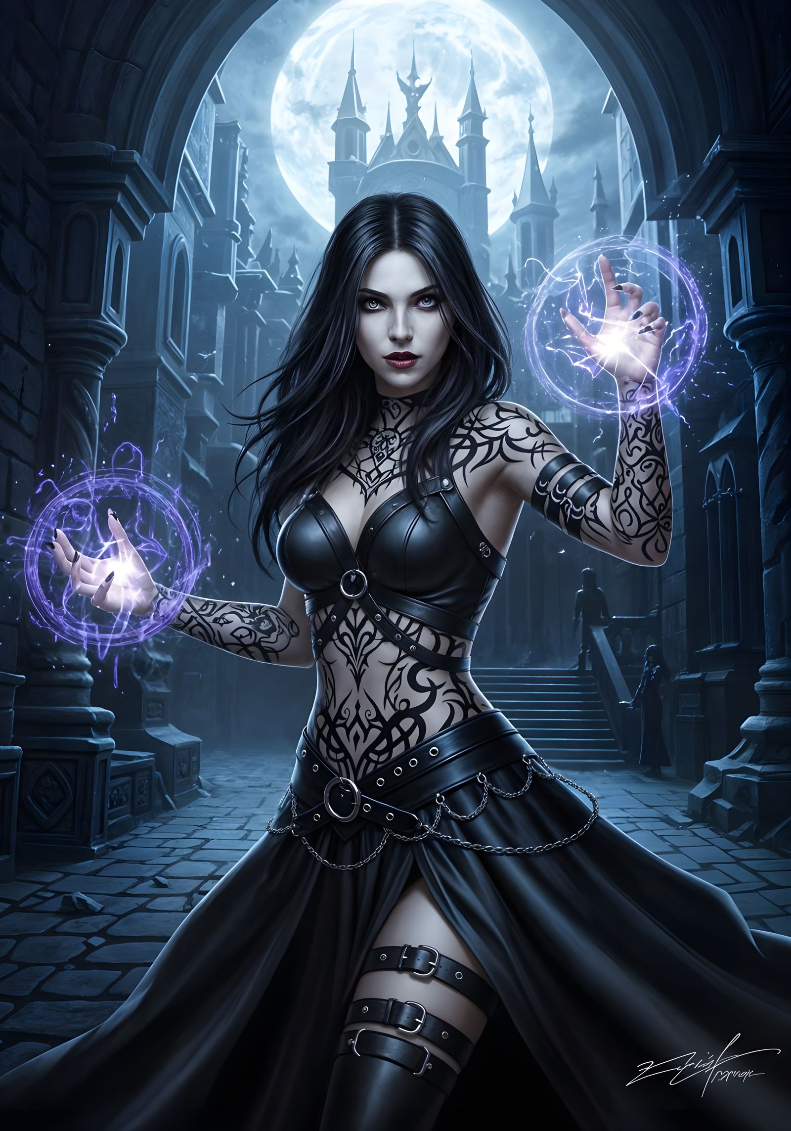 Vampire Goth Girl With Arcane Tattoos in Castle Courtyard