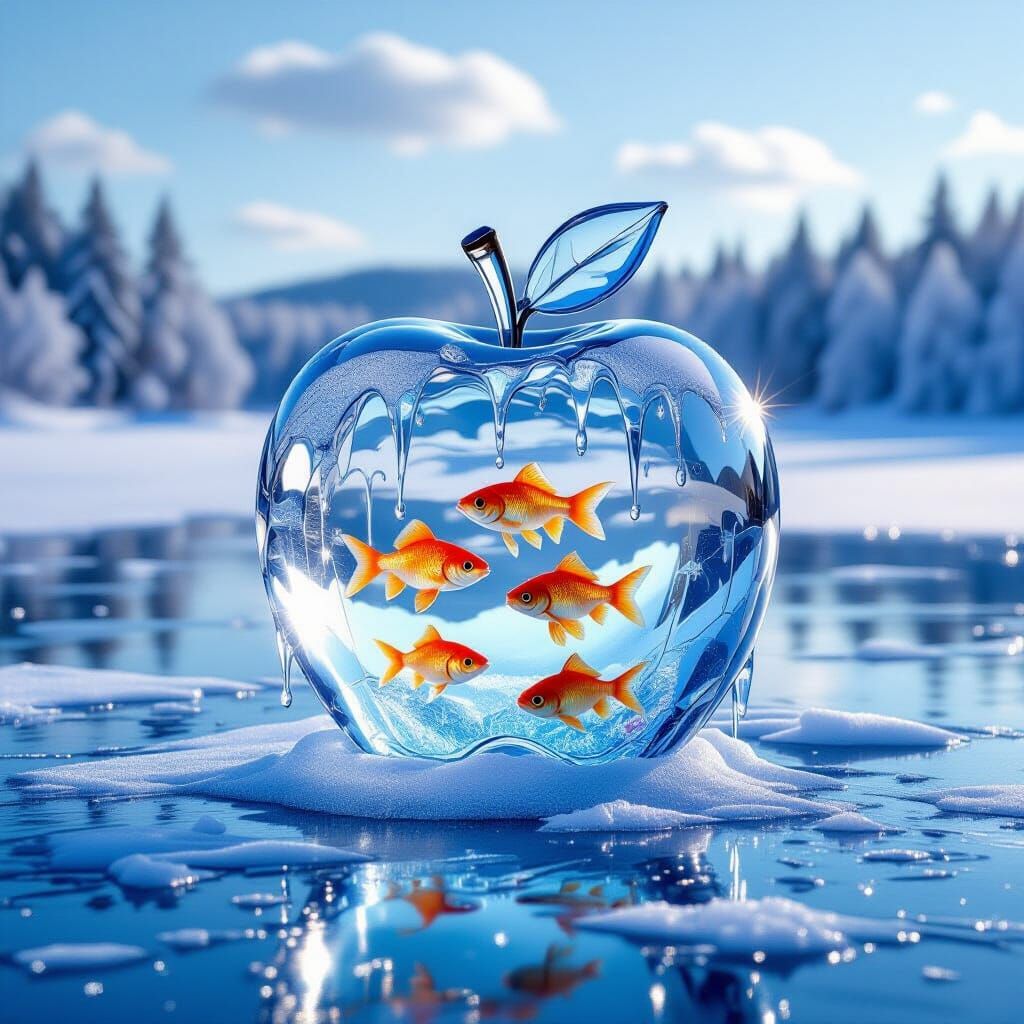 Crystalline Ice Apple Sculpture with Trapped Fish