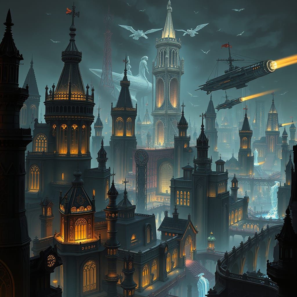 Futuristic Dwemer Cityscape: Arcane Punk Metropolis