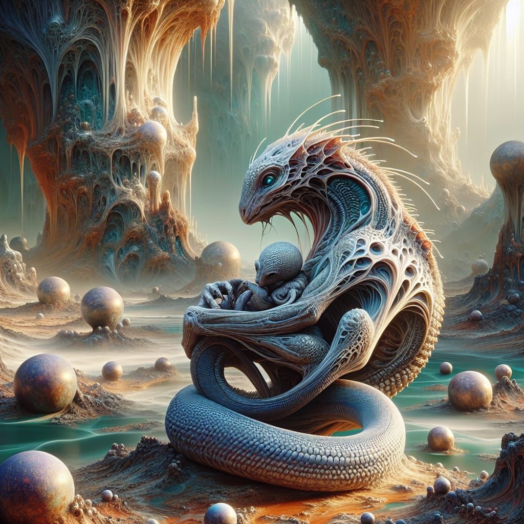 Peculiar Creature Cradles Offspring in Fantasy Setting