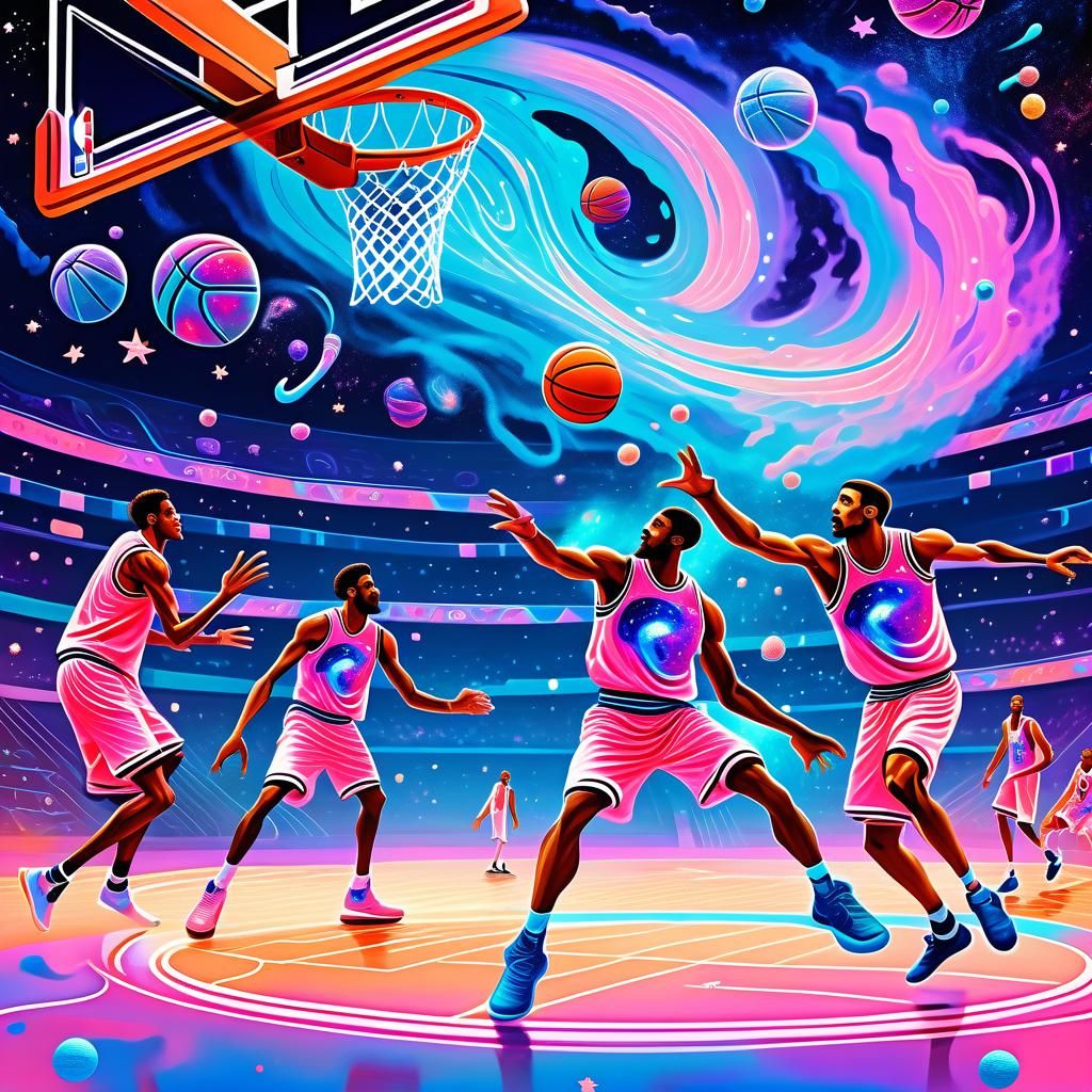 Cosmic Basketball Game in Surreal Cartoon Style
