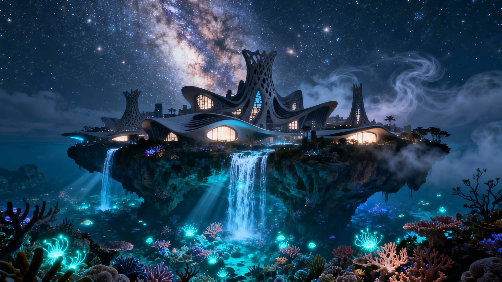 Gaudí & Hadid Inspired Floating Island City at Night