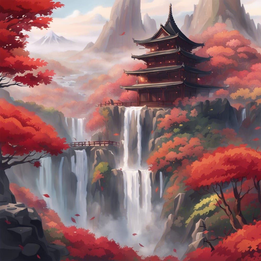 Anime Waterfall Temple Amidst Misty Peaks