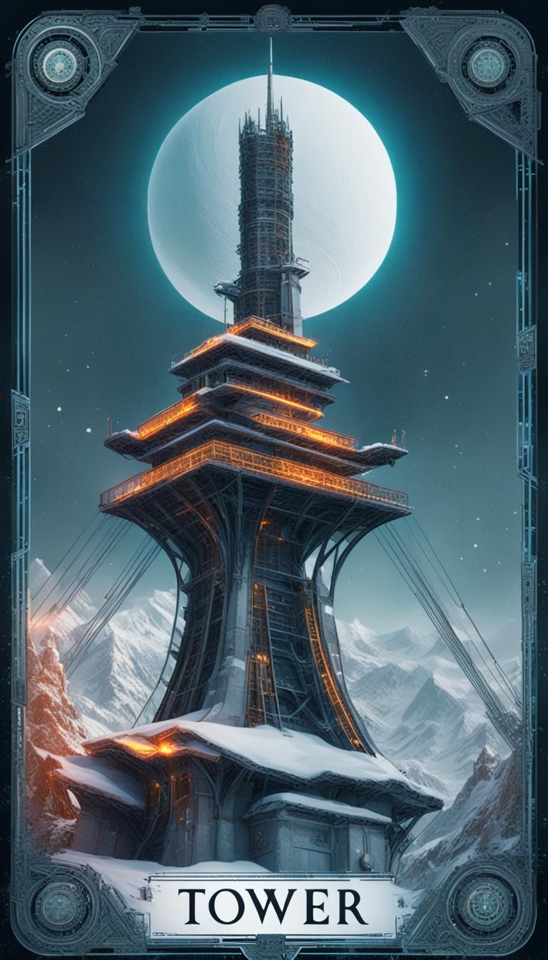 Cyberpunk Tower Tarot Card: 3D Rendering