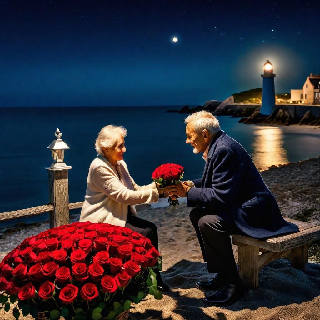 Romantic Seaside Anniversary: Roses Under Moonlight