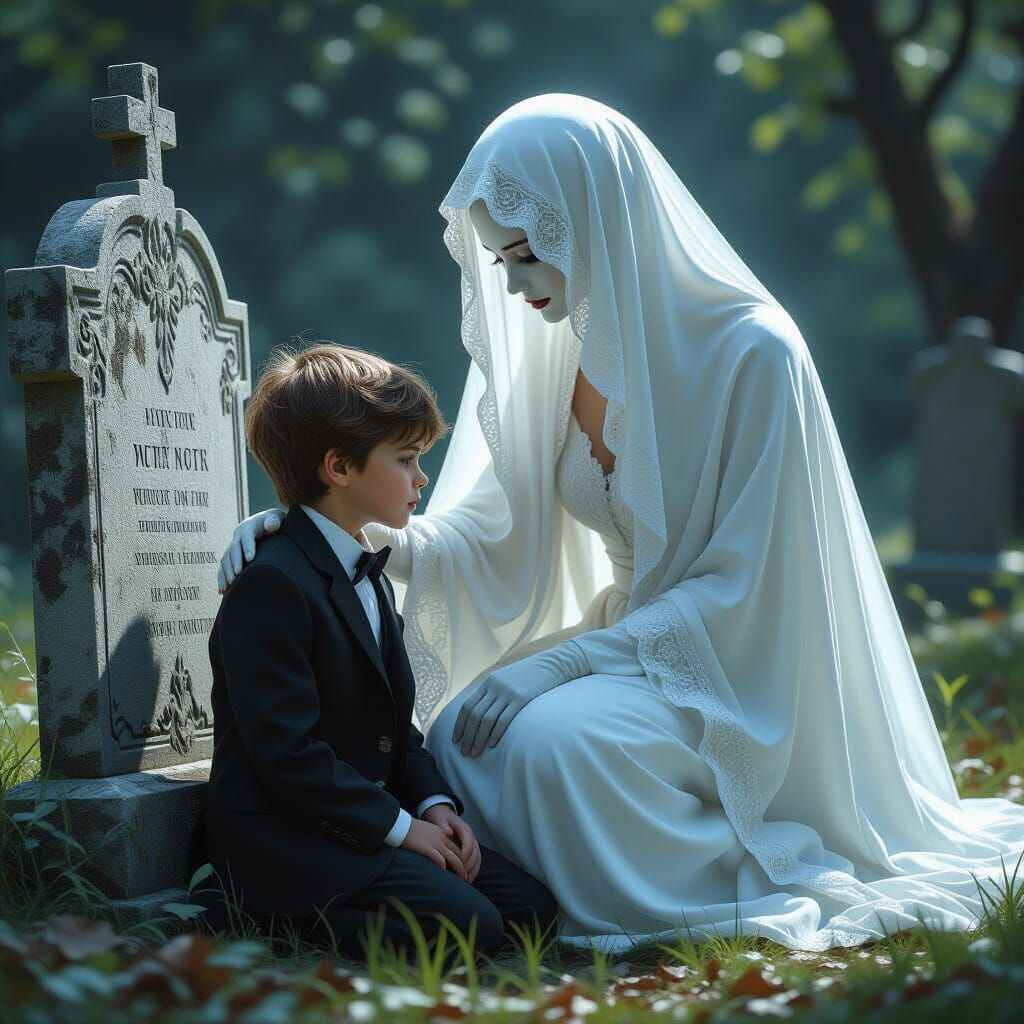 Boy Comforted by Mother's Ghost in Dramatic Lighting