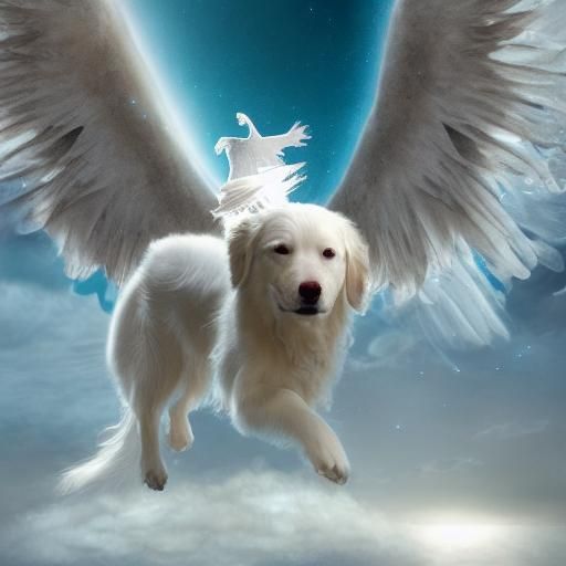 Golden Retriever Ascends to Heaven with Angel Wings