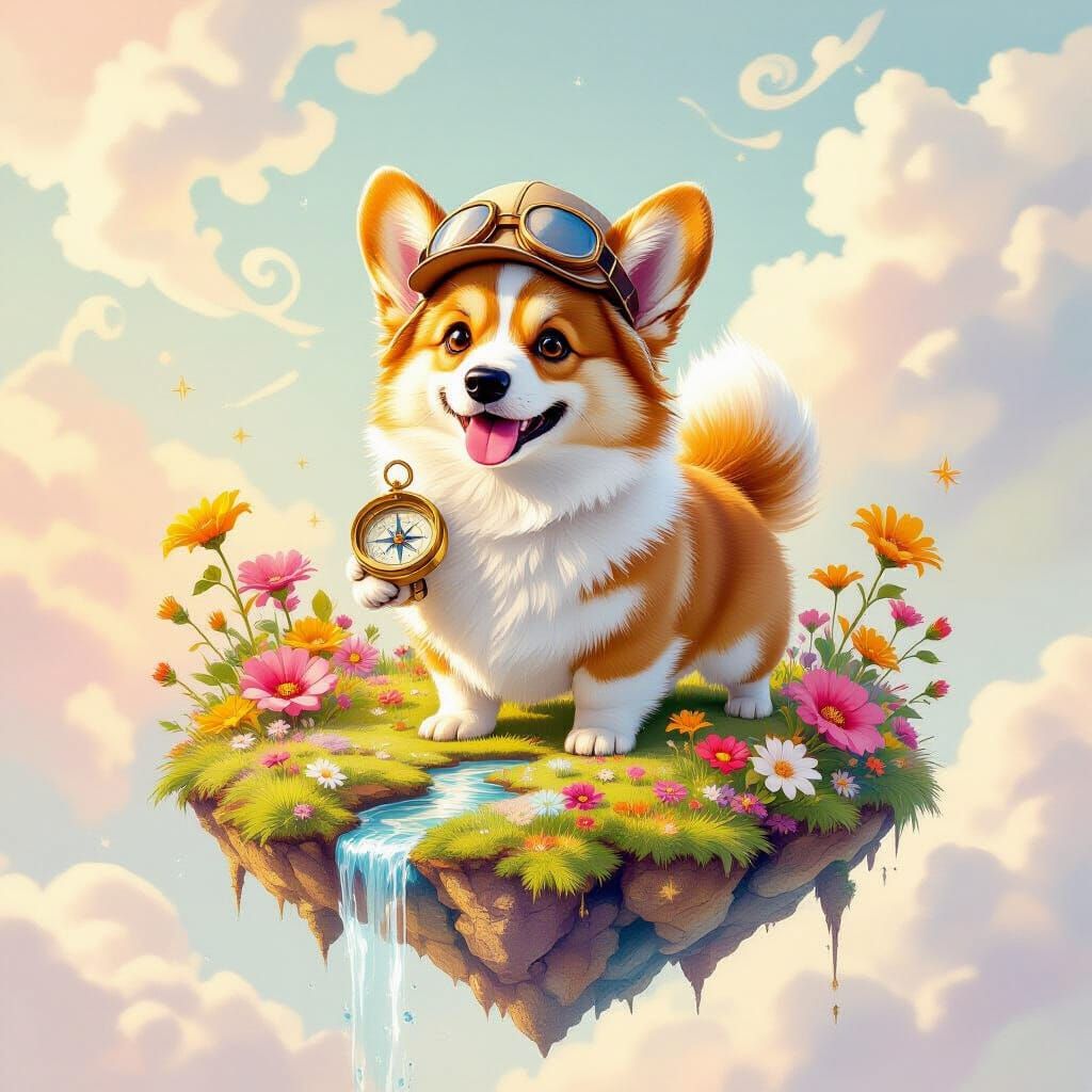 Fluffy Corgi Explorer on Floating Island in Watercolor Style