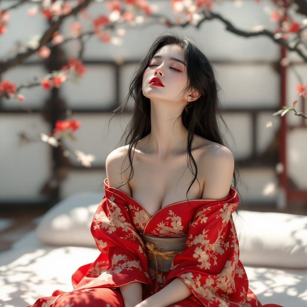 Serene Japanese Girl in Red Kimono, 3D Digital Style
