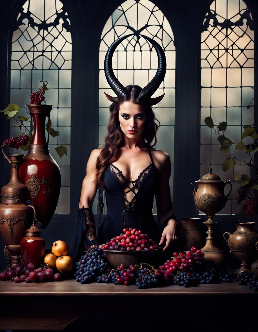 Gothic Portrait of Muscular Woman with Horns