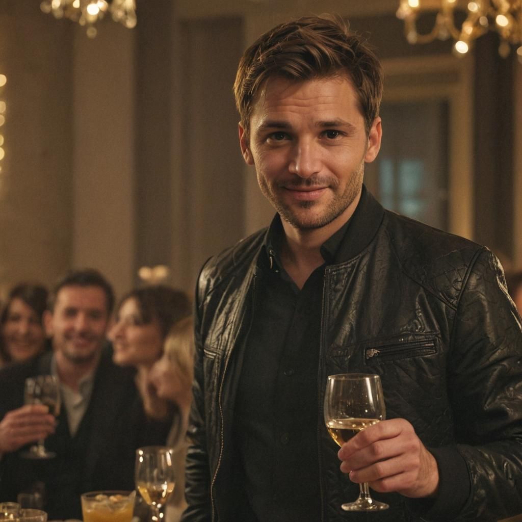 Man Toasting at Party: Photorealistic Cinematic Still