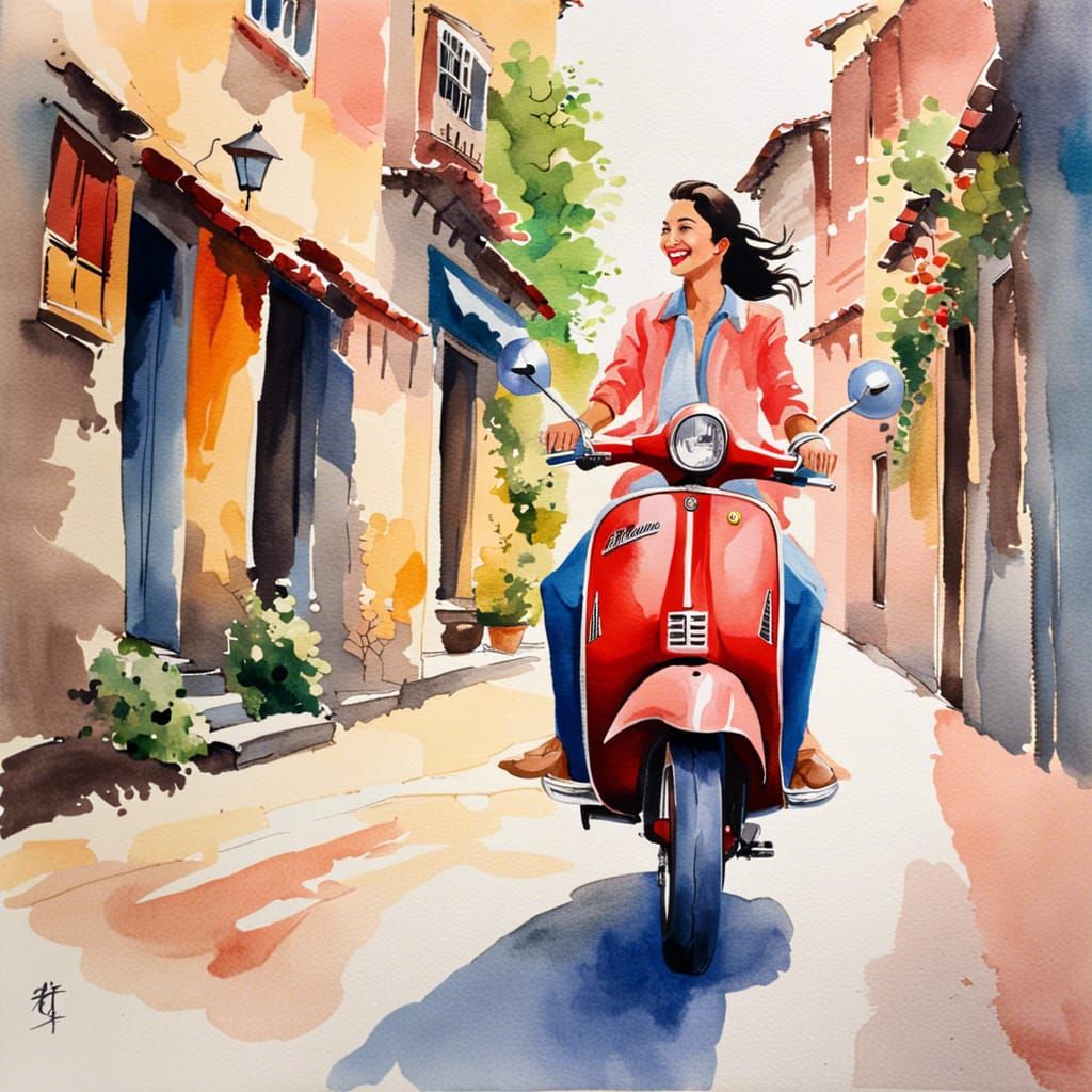 Woman on Vespa: Watercolor Ink Painting