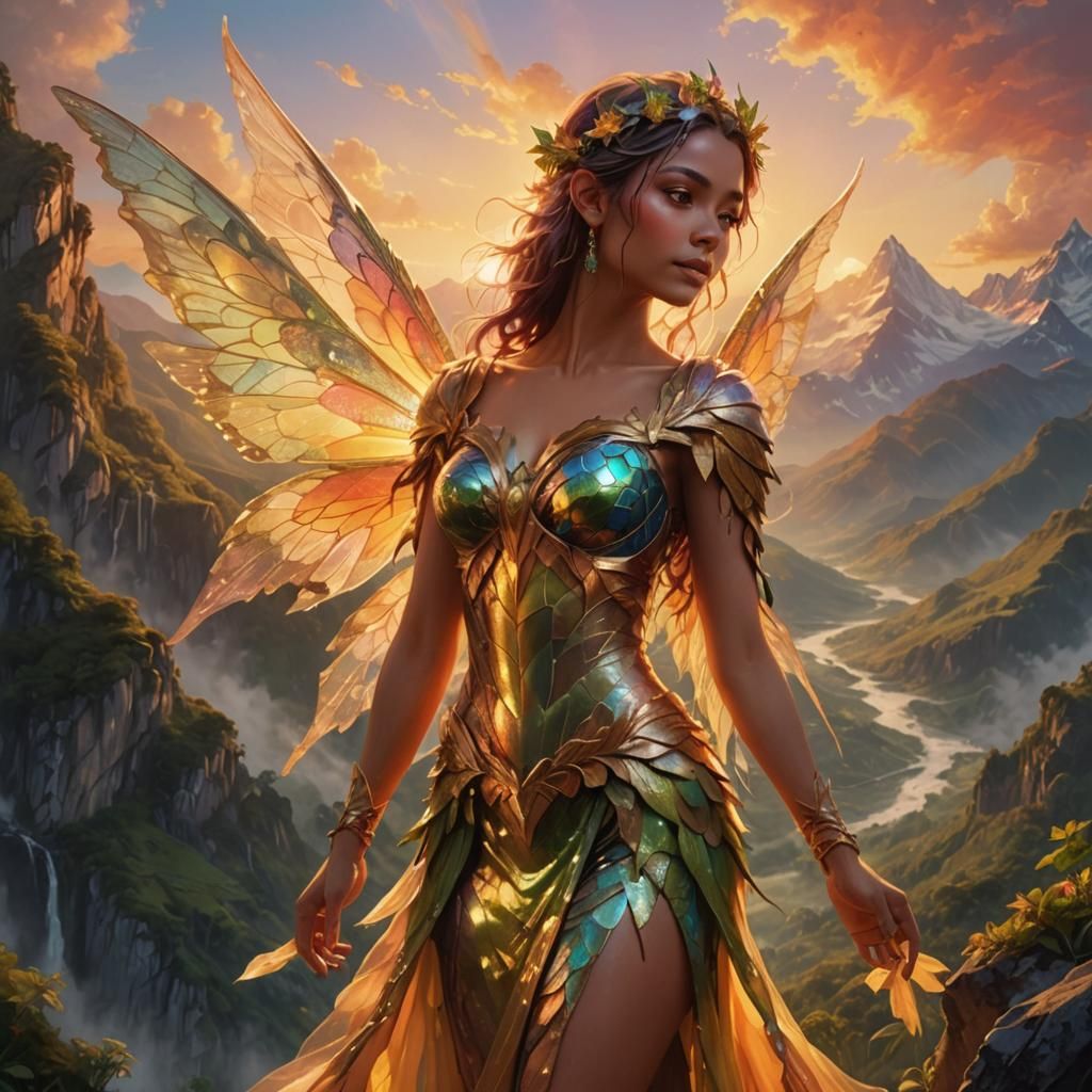Exotic Fairy in Lush Mountain Sunset, Digital Art